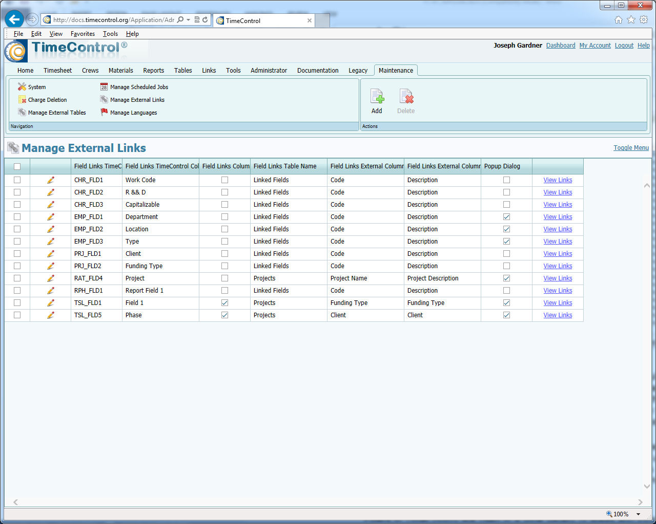 TimeControl Timesheet Manage External Links